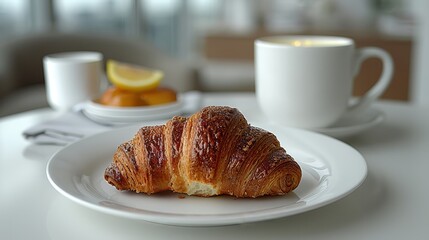 Wall Mural -   A croissant rests on a pristine white plate, accompanied by a steaming mug of coffee and an adjacent plate laden with oranges