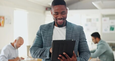 Poster - Black man, typing and tablet for business meeting for management, agenda and report in information technology. Worker, employee or programmer reading results on digital technology for job performance