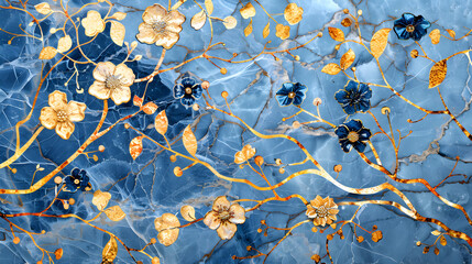 Wall Mural - blue gold floral Mosaic marble background. Generative AI.