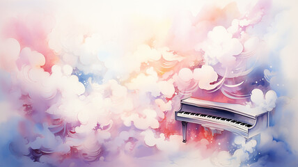 Wall Mural - Piano among abstract multicolored clouds in watercolor style, musical background postcard