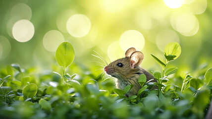 Funny mouse sitting in the green grass in the rays of the sun close-up