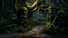 A Mysterious Forest With A Gate Surrounded By Tall Trees