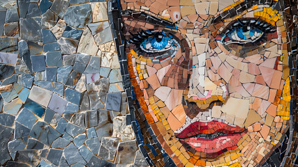 Wall Mural - woman portrait made of many small mosaic pieces marble background. Generative AI.