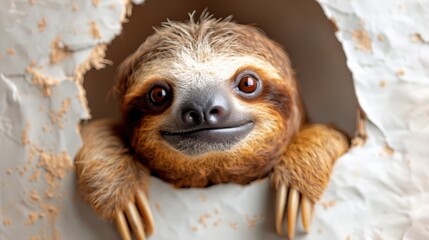 Wall Mural -   A sloth peering from a hole in papier-mâché, grinning