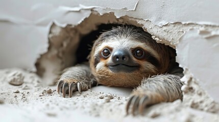 Wall Mural -   A baby sloth emerges from a hole in the demolished building's wall