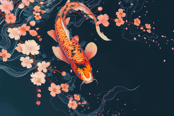 Wall Mural - Japan koi fish border. Sea Japanese carp swimming in water with flowers.