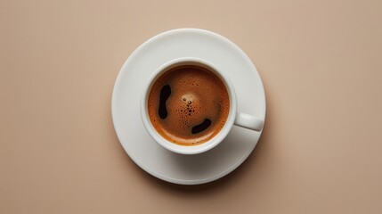 Sticker - Cup of coffee on beige background. Top view.