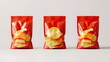 © xuxu - Realistic red potato chips packaging mockups for flow pack collection, isolated on white background. Packaging mockups of matte, glossy and metallic flow packaging for snacks. 3d illustration