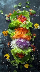 Wall Mural - A salad with lettuce, carrots, and other vegetables is arranged on a black table