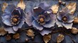   A tight shot of three blooms against a metal backdrop; beneath their petals, leaves and acorns lie