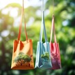 A colorful tote ecology bag hanging with nature background