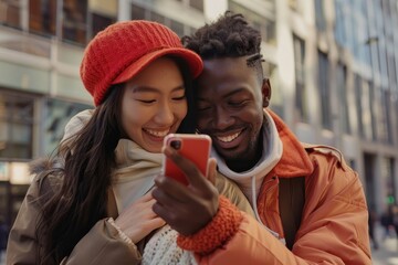 Wall Mural - Smiling young couple embracing while looking at smartphone. Multiethnic couple sharing social media, Generative AI