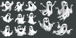 Funny ghost characters, spooky cartoon poltergeist, cute smiling scare halloween ghost mascot modern illustration set.