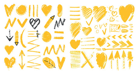 Wall Mural - Marker strokes, stripes, and highlight elements. Modern illustration set with check marks, hearts