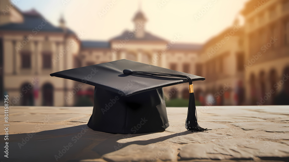 Black graduation cap with blurred background of university building ...
