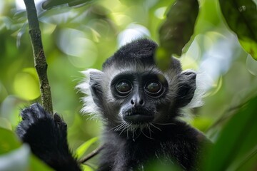 A baby monkey is holding a branch in its hand