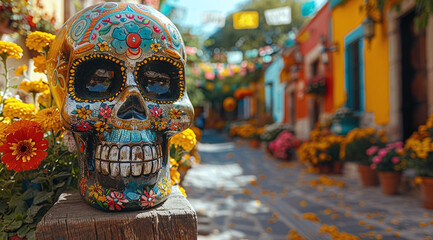 Canvas Print - Colorful painted skull in a vibrant Mexican street decorated with flowers and festive garlands