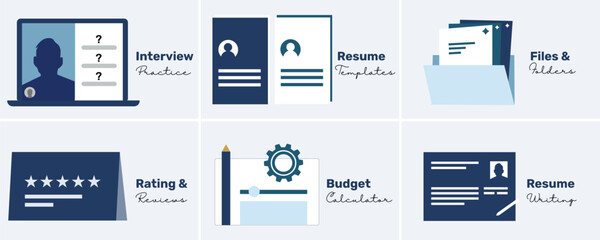 Naklejka na meble career services illustrations showing company reviews and ratings, budget calculator, resume writing services, resume templates, interview practice, resume samples, online interview, and hiring.