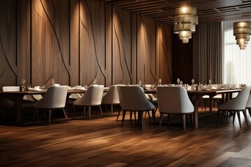 A luxurious dining room featuring a large wooden table surrounded by white chairs, creating a stylish and inviting space for meals and gatherings. Generative AI