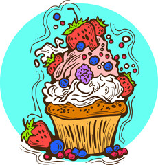 Wall Mural - Sweet tasty dessert cupcake with cream and deco for morning breakfast in café or restaurant. Mini birthday cake for pleasure. Hand drawn retro vintage colorful vector illustration. Old style drawing.