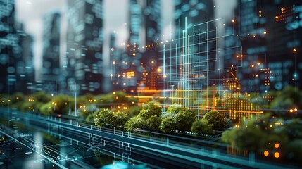 Aufkleber - Graphs and diagrams that are holograms of the environmental, sustainable business models, social, and governance concept. Generative AI.
