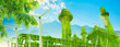 power plant building overlay green leaf plant tree and wind turbines, clean power green industry factory for nature concept