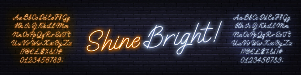 Poster - Shine Bright neon text on brick wall background.