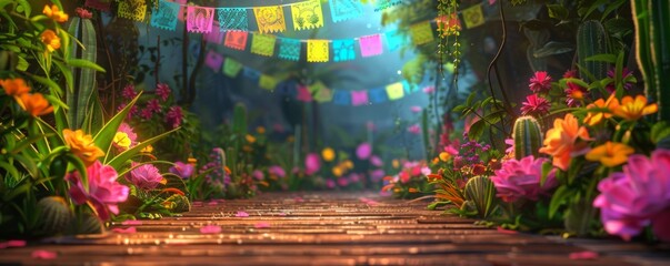 String of handmade cut paper flags on blurred background with empty wooden stage. Mexican party decoration. Day of the Dead, Halloween, Cinco de Mayo. Template with space for text, design or product