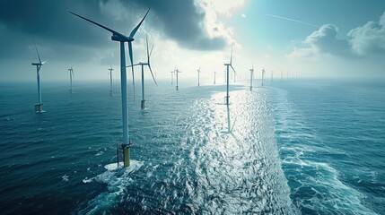 Poster - A windmill park in the ocean, drone aerial view of windmill turbines generating green energy electrically. Generative AI.