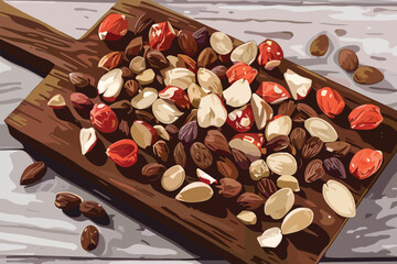 Wall Mural - Gourmet trail mix on wooden background isolated vector style
