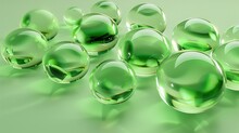 A Collection Of Luminous Green Glass Blobs, Their Glossy Exteriors Reflecting A Network Of Softer, Diffused Light.