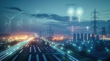 Aufkleber - An energy lighting design with photovoltaic panel, wind turbine and storage silos in the background showing power grid network connecting multiple green sources like solar field. Generative AI.