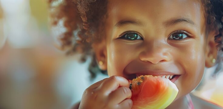 A close-up of a child eating a piece of fruit. The child is smiling and happy, and the fruit looks delicious. 
