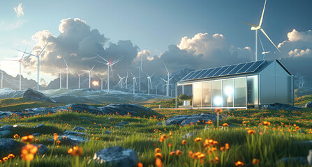 Poster - Advanced renewable energy solutions, including solar panels, wind turbines, and futuristic energy storage systems. Generative AI.