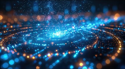 Leinwandbilder - Blue background with digital technology and glowing light circles on the floor, creating an abstract futuristic concept of data transfer in cyberspace. a sense of advanced tech. Generative AI.