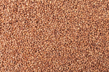 Wall Mural - Uncooked, brown buckwheat grains background. Dry buckwheat grains. Top view