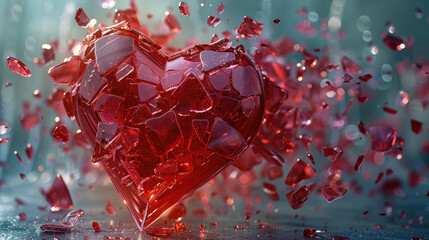 Poster - A rose glass heart bursts into thousands of pieces. Generative AI.