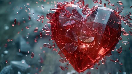 Poster - A rose glass heart bursts into thousands of pieces. Generative AI.