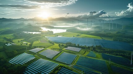 Poster - An oil and gas field, a green landscape with solar energy and wind power. Aerial high view. Generative AI.