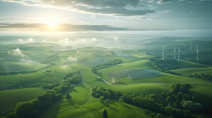 Aufkleber - An oil and gas field, a green landscape with solar energy and wind power. Aerial high view. Generative AI.