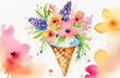 A beautiful watercolor painting featuring an ice cream cone filled with vibrant flowers, showcasing a unique blend of art and nature