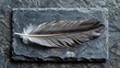   A slate with a bird's feather and a plaque featuring an image of a bird feather