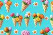 A seamless pattern of ice cream cones filled with flowers in shades of orange on an azure background, surrounded by green leaves and grass. A beautiful blend of nature and botany