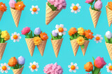 Fototapeta Big Ben - A seamless pattern of ice cream cones filled with flowers in shades of orange on an azure background, surrounded by green leaves and grass. A beautiful blend of nature and botany
