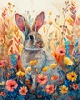 Vibrant and serene rabbit in a colorful and sweet flower field, hand drawn watercolor in bright pastel colors