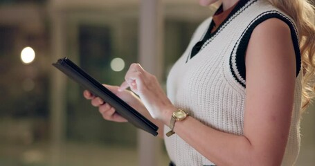 Poster - Tablet, office and hands of business woman at night for online project, website and social media marketing. Corporate, professional and worker on digital tech for research, networking and internet