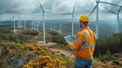 Poster - An engineer inspects wind turbines using a tablet computer. Generative AI.