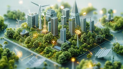 Leinwandbilder - Decarbonization roadmap for a European city made of data on top of a square data router box. a data points floating around solar panels and wind turbine. isometric. Generative AI.