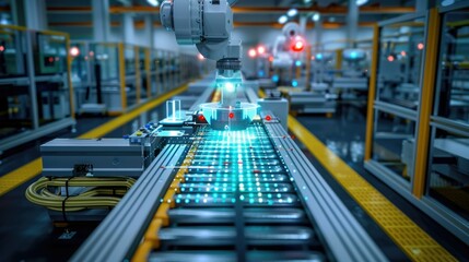 Fototapete - High-tech manufacturing line enhanced with digital twin solutions. Generative AI.