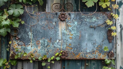 Wall Mural - Blank mockup of a rustic metal wine vineyard entrance sign with worn lettering and a scrolling g vine design. .